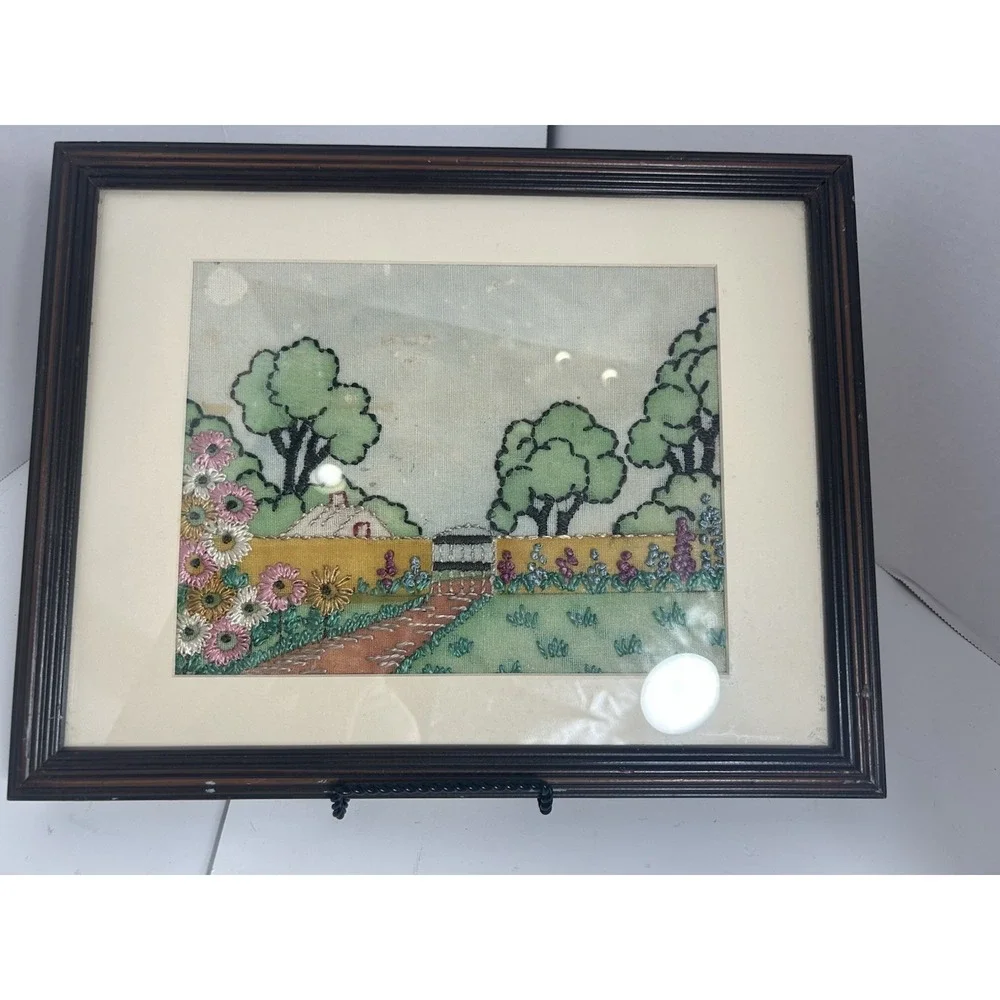Vintage needle‎ point picture floral wood antique Framed 11x14 tapestry Farm